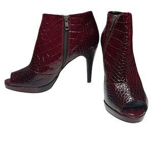White House Black Market Paulette Burgundy Red Booties Croc Embossed Peep Toe